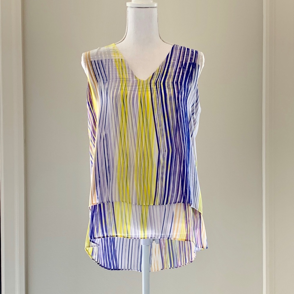 Chaus Hi-Low Blue and Yellow Striped Top